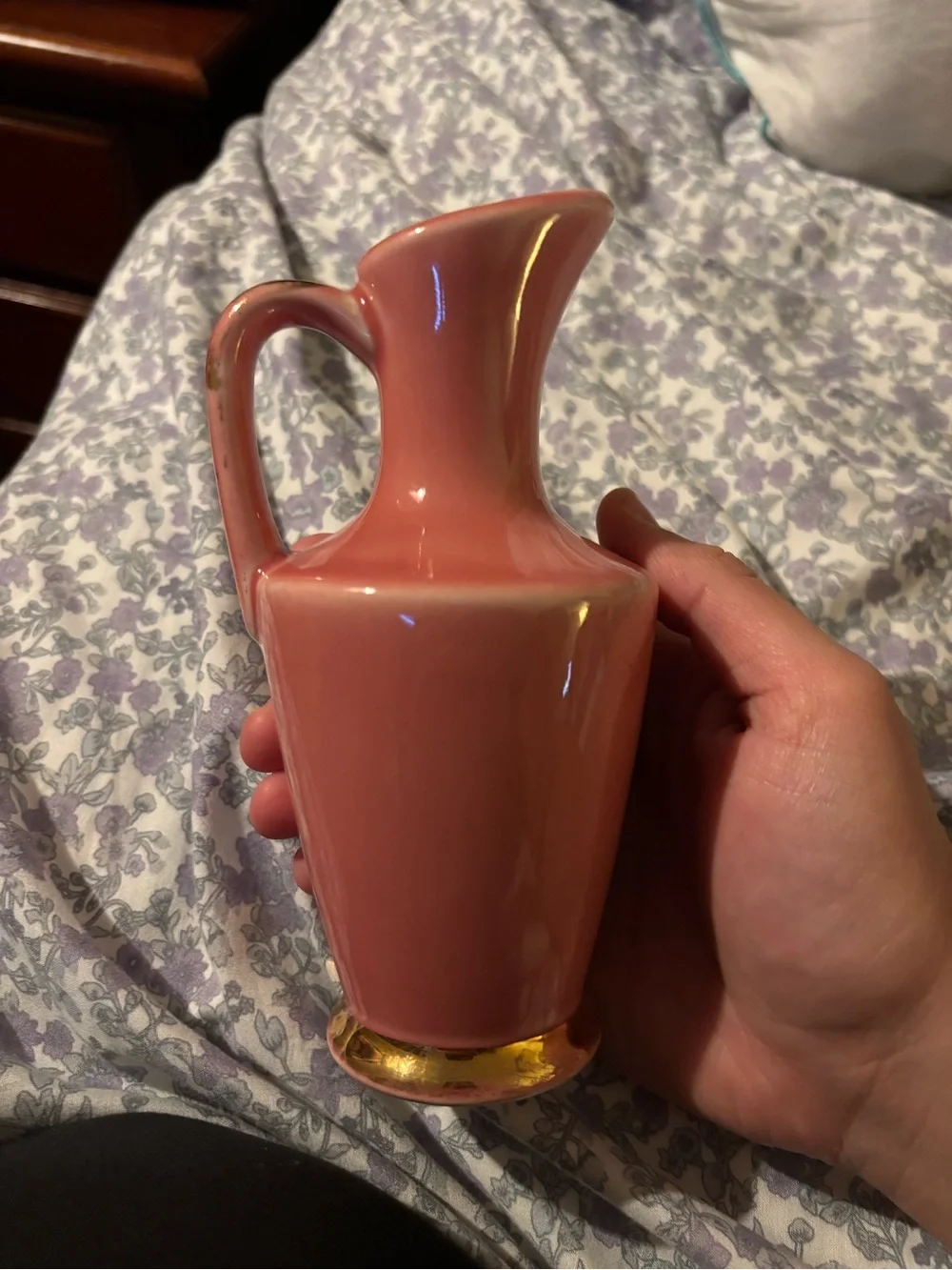 Pink Ceramic Pitcher Vase with Gold Accent